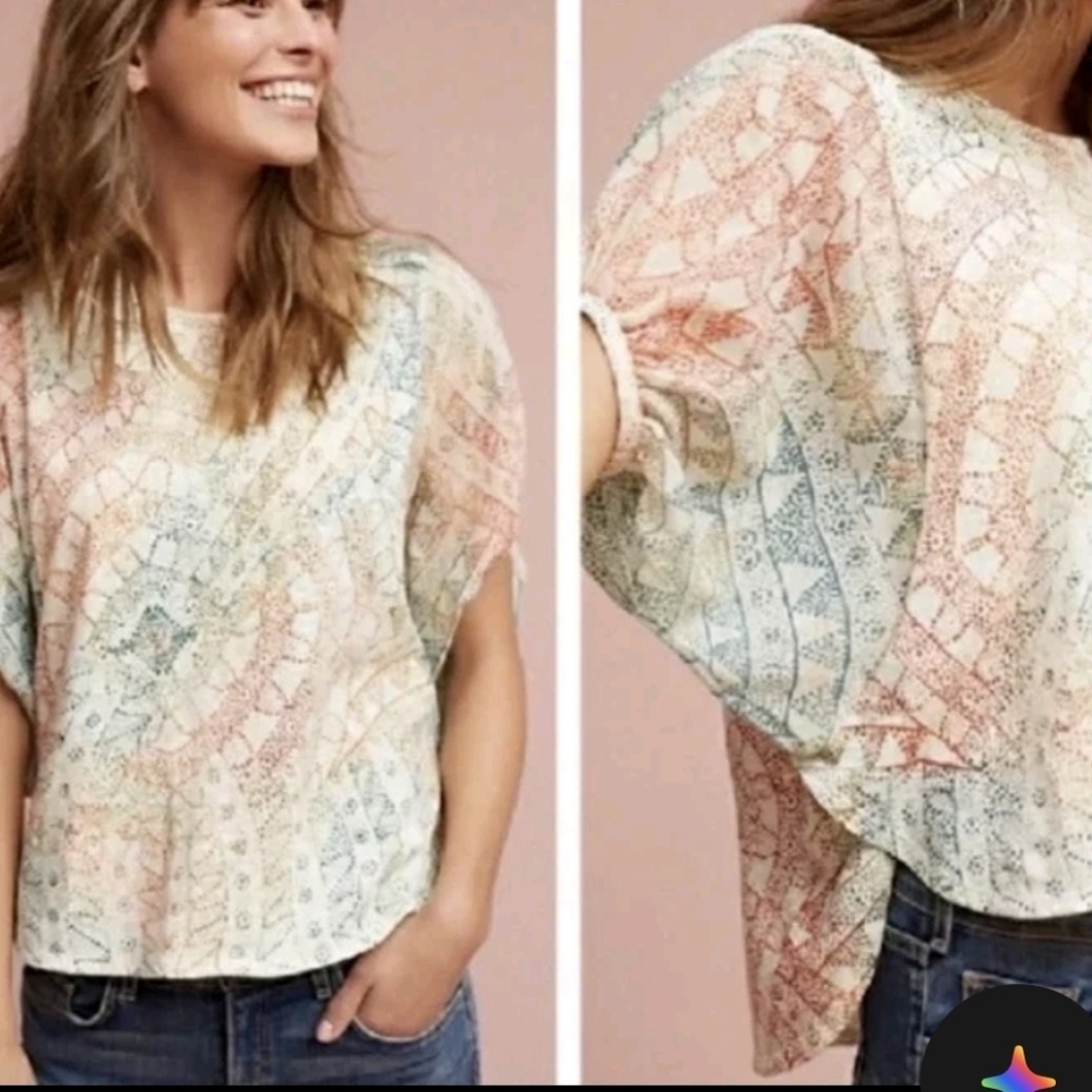 Anthropologie Eri + Ali Briony Top Size M Boho Print Oversized Dolman Sleeve